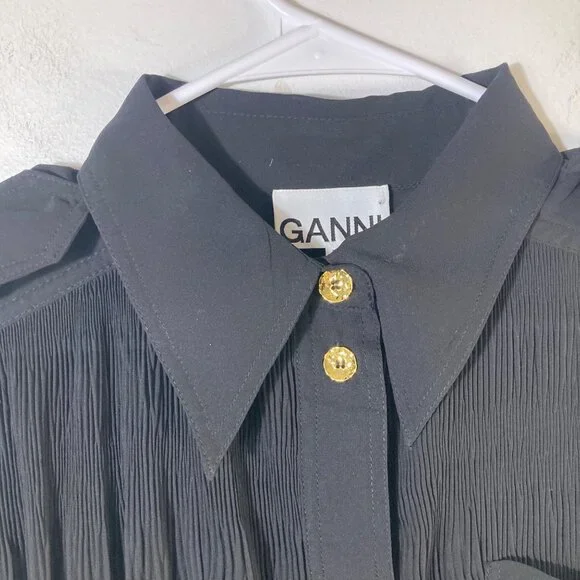 Womens Ganni Pleated Georgette‎ Shirt Dress Black 2/EU34 Crinkled Polyester - Picture 3 of 11